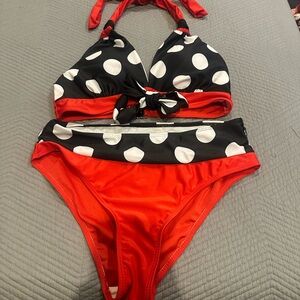 Ladies Polka Dot Swim Set - Red and Black